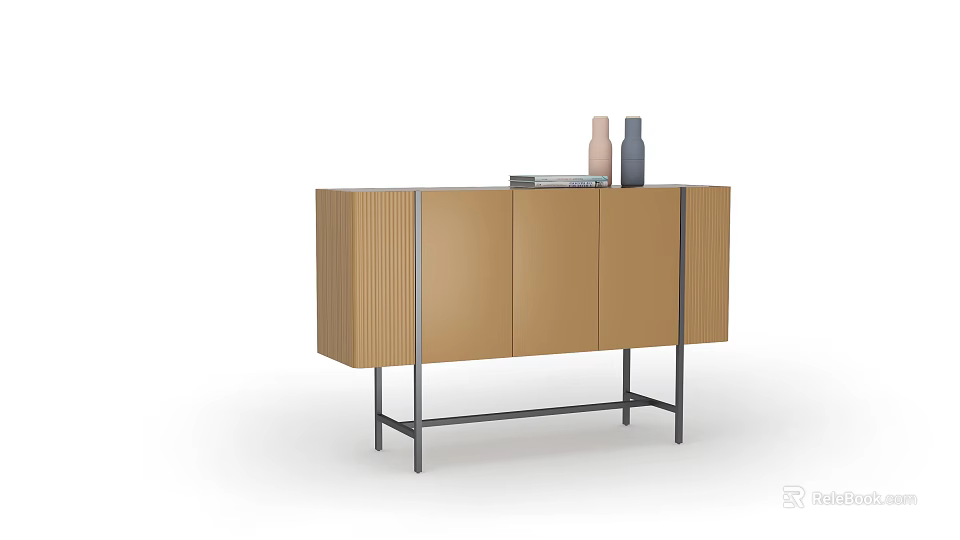Modern Brown Storage Cabinet With Metal Frame And Decorative Vases On Top 3d model 