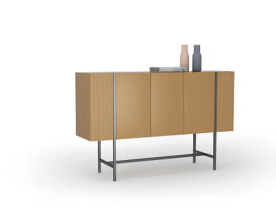 Modern Brown Storage Cabinet With Metal Frame And Decorative Vases On Top 3d model