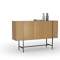 Modern Brown Storage Cabinet With Metal Frame And Decorative Vases On Top