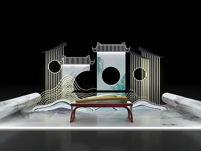 Traditional Chinese Stage Design with Pavilion Structures Circular Moon Windows Marble Platform and Wavy Decorations 3d model