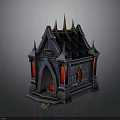 Castle Style Building With Golden Spires Black Roof Red Accents And Arched Doorway