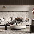 Modern Living Room Interior Design With Sofa Round Coffee Table And Textured Accent Wall