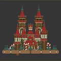 Festive Christmas Castle Model With Red Spires Towers Green Decorations Candies Snowflakes On Circular Base