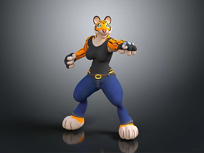 Anthropomorphic Tiger Character Standing With Striped Face Black Vest Blue Jeans And Black Gloves 3d model