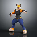Anthropomorphic Tiger Character Standing With Striped Face Black Vest Blue Jeans And Black Gloves