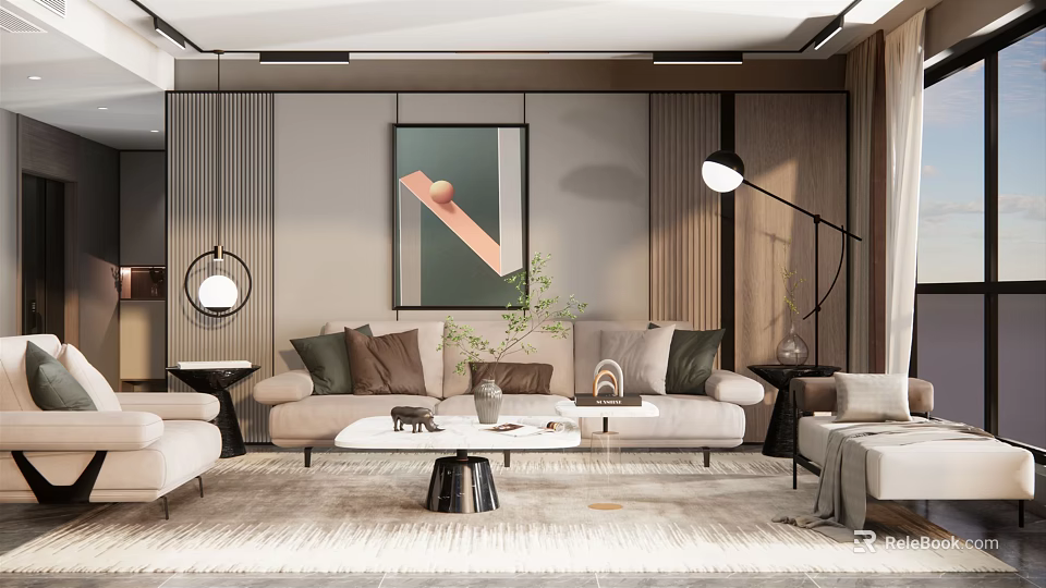 Modern Living Room Interior Design With Comfortable Sofa Coffee Table And Decorative Art 3d model 