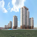 Modern High Rise Residential Buildings With Waterfront Green Grass And Blue Sky