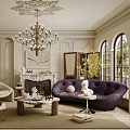 Elegant Retro French Living Room Design With Luxury Chandelier Curved Sofa And Classic Fireplace Decor