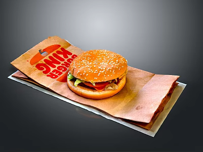 Burger King Hamburger With Sesame Seed Bun Fresh Lettuce And Tomato On Wrapper 3d model