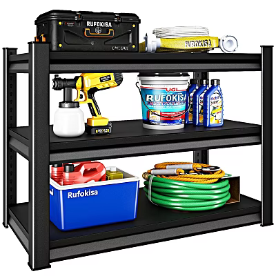 Black Multi Tier Shelf with Spray Gun Bucket Cleaning Bottles Green Hose and Storage Bin 3d model