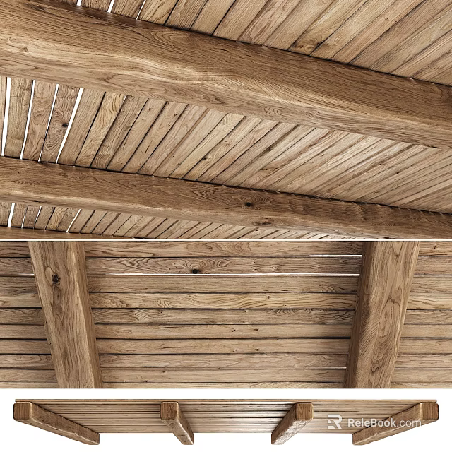 Rustic Wooden Ceiling With Beams And Planks 3d model 