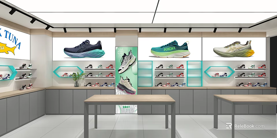 Shopping Mall Shoe Counter With Large Screen Display And Diverse Sneaker Collection On Shelves 3d model 