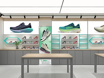 Shopping Mall Shoe Counter With Large Screen Display And Diverse Sneaker Collection On Shelves 3d model