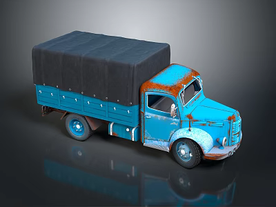 Blue Rusty Vintage Truck With Black Canvas Covered Cargo Bed 3d model