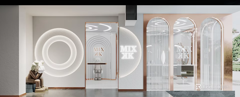 Modern MIX MIX Mall Store Front With Glass Doors Curved Arches And Lighting 3d model 