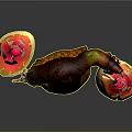 Cartoon Character With Orange Yellow Feathered Body Holding Two Red Cap Mushrooms With White Spots