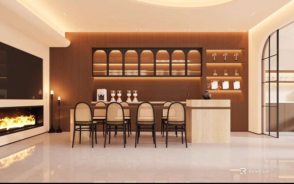 Modern Warm Toned Beauty Hair Salon Interior With Comfortable Bar Seats And Exquisite Display Shelves 3d model 