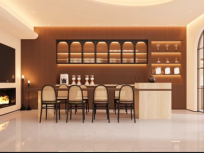 Modern Warm Toned Beauty Hair Salon Interior With Comfortable Bar Seats And Exquisite Display Shelves 3d model