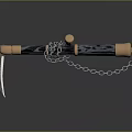 Decorative Vintage Sickle With Chain And Black Wooden Handle Brass Accents