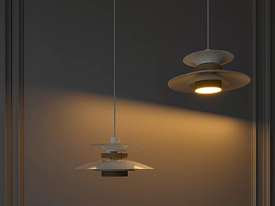 Modern Pendant Lights With Layered Design And Warm Glow Hanging Against Gray Wall 3d model