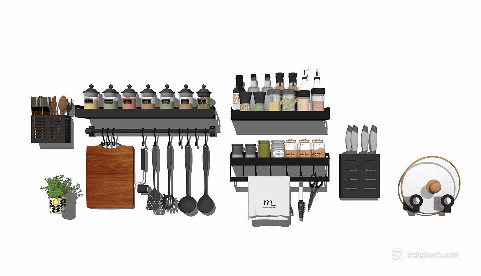Organized Kitchen Accessories With Spice Racks Utensil Holders And Cutting Boards 3d model 