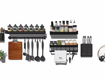 Organized Kitchen Accessories With Spice Racks Utensil Holders And Cutting Boards 3d model