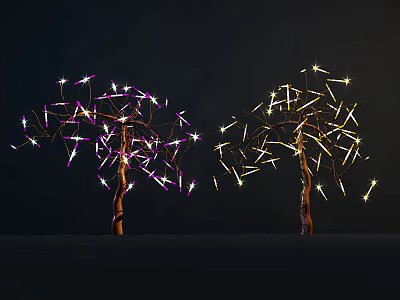 Illuminated Decorative Lights on Tree Branches with Purple and Yellow Light Strings 3d model