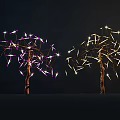 Illuminated Decorative Lights on Tree Branches with Purple and Yellow Light Strings 3d model