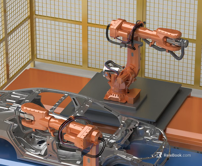 Smart Robotic Arms Assembling Automotive Components In Manufacturing Plant With Metal Grid Fence 3d model 