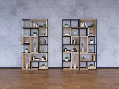 Modern Bookcases With Black Frame Wooden Shelves Decorative Items Against Gray Wall And Wooden Floor 3d model
