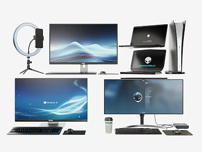 Multiple Computer Monitors Laptop Desktop PC Keyboard Mouse and Accessories Setup 3d model