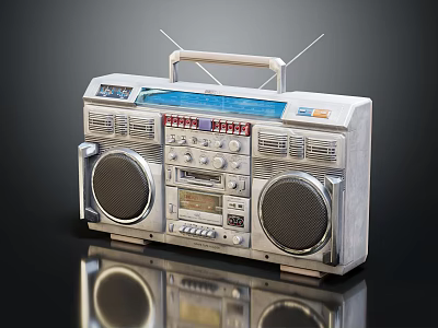 Vintage Silver Boombox Stereo System With Dual Speakers Antenna And Retro Handle 3d model
