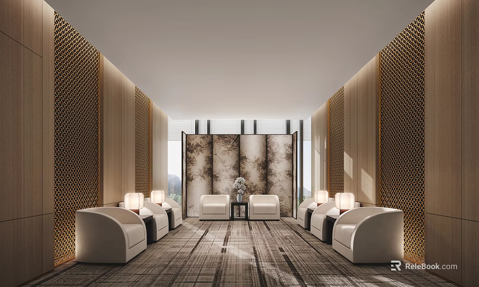 Hotel Public Lounge Area With Golden Hollow-out Partitions Beige Sofas And Marble Screen 3d model 