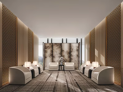 Hotel Public Lounge Area With Golden Hollow-out Partitions Beige Sofas And Marble Screen 3d model