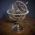 Silver Metal Decorative Ornament Set With Armillary Sphere Design And Wooden Base On Map Tabletop
