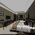 Hotel Guest Room Interior With Twin Beds Work Desk TV And Modern Decorative Lighting