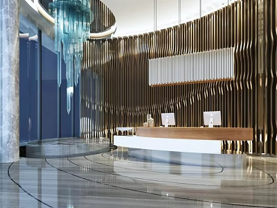 Modern Front Desk Design With Blue Crystal Chandelier Wooden Slat Wall And Polished Marble Floor 3d model