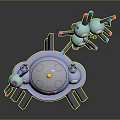 Futuristic Cosmic Satellite Structures Featuring Light Blue Pink Components Yellow Top Antenna And Gray Base 3d model