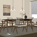 Warm Modern Dining Table Set with Wooden Chairs Bench Pendant Lights Wall Art and Plant