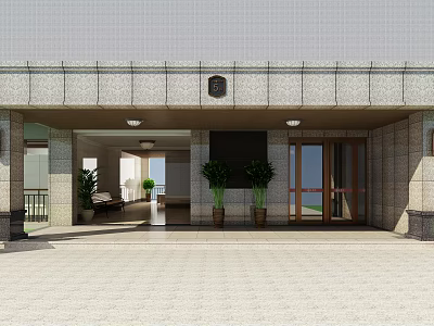 Modern Building Entrance Gate Design With Stone Facade Potted Plants And Lighting 3d model