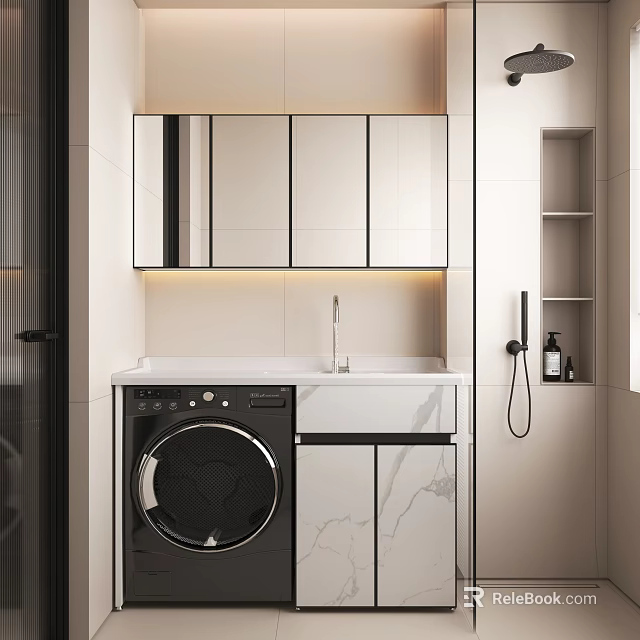 Modern Bathroom Vanity Cabinet With Mirrored Cabinet Washing Machine Marble Countertop And Faucet 3d model 