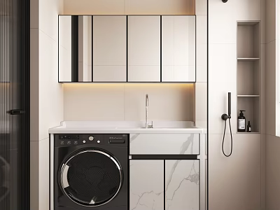 Modern Bathroom Vanity Cabinet With Mirrored Cabinet Washing Machine Marble Countertop And Faucet 3d model