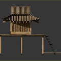 Cartoon Scene Of Traditional Japanese Wooden Hut With Tiled Roof Platform And Stairs