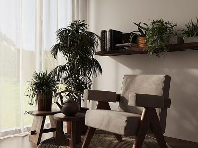 Cozy Accent Chair With Side Table Teapot Potted Plants Bookshelf And Window Curtains 3d model