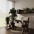 Cozy Accent Chair With Side Table Teapot Potted Plants Bookshelf And Window Curtains