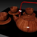 Elegant Wooden Tea Set With Red Handle Teapot Teacups And Saucers On Black Tray