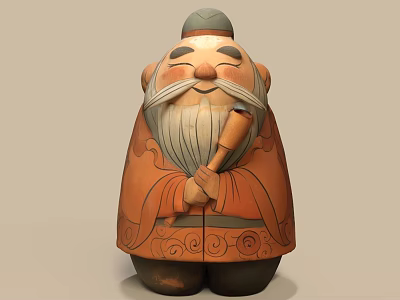 Traditional Elderly Figure Statue With Long Beard Decorative Robe And Pipe 3d model