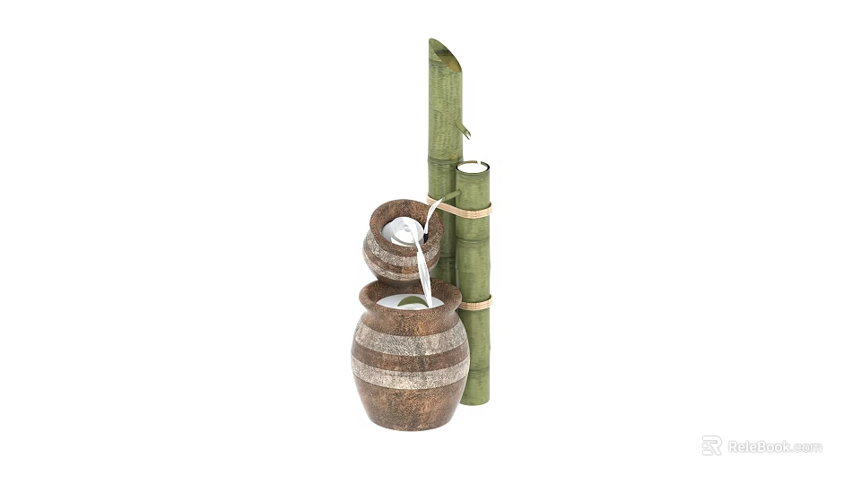 Art Installation With Wooden Barrels And Bamboo Featuring Decorative Water Design 3d model 