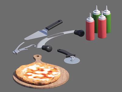 Freshly Baked Pizza On Wooden Board With Pizza Cutter Slicer And Colorful Sauce Bottles 3d model