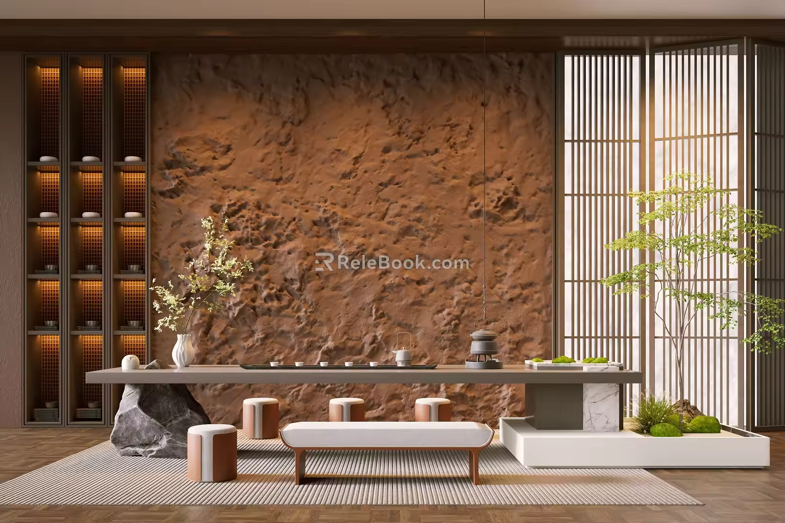 Tea Room Tea Table and Chair Combination Tea Room Background New Chinese Tea Room 3d model